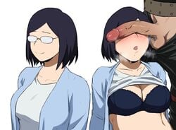 1boy 1girls akaguro_chizome blue_hair blush boku_no_hero_academia bra breasts cant_see_the_haters chin_length_hair cleavage correct_artstyle glasses milf my_hero_academia penis penis_on_face penis_over_eyes shirt_lift shoganight stain_(my_hero_academia) tenya's_mother white_background