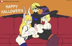 1boy 2girls balls blonde_hair cosplay dc dc_comics double_paizuri dragon's_crown female glynda_goodwitch halloween heart-shaped_pupils huge_breasts jaune_arc large_breasts long_hair looking_at_viewer male miruko_(cosplay) multiple_girls my_hero_academia nightwing nightwing_(cosplay) nipples open_mouth penis rwby short_hair sorceress_(dragon's_crown)_(cosplay) threesome tkb_nsfw tongue tongue_out witch_hat yang_xiao_long