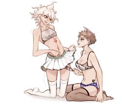 2girls big_breasts bra brown_hair danganronpa danganronpa_2:_goodbye_despair female female/female female_only hairclip hinata_hajime looking_at_another nagito_komaeda panties panties_down pulling_panties rule_63 short_hair skirt straight_hair tattoo thighhighs underwear underwear_down underwear_pull white_background white_hair yndr4hope yuri