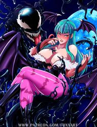 1boy 1girls alien_boy animal_print bat_print bat_wings black_high_heel_boots black_slime black_thong_leotard brown_elbow_gloves busty cleavage clothing color colored crossover darkstalkers demon_girl eddie_brock elbow_gloves foxyart full_moon green_eyes head_wings high_heel_boots hime_cut large_breasts legs_crossed long_green_hair long_hair long_tongue marvel marvel_comics marvel_vs._capcom membranous_wings moon morrigan_aensland night pink_pantyhose purple_wings seductive sharp_teeth sleeveless slime succubus symbiote tagme thick_thighs thong_leotard venom venom_(marvel) wide_hips