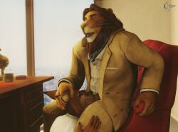 2022 absurd_res anthro blacksad blender_(software) bodily_fluids brown_body brown_fur closed_eyes clothed clothing digital_media_(artwork) duo erection felid feline felis fellatio fur genitals hair hi_res humanoid_genitalia humanoid_penis joe_dunn lion lynx male male/male male_penetrated male_penetrating male_penetrating_male mammal mane mane_hair open_mouth oral pantherine penetration penile penis sex shirt tim_thorpe tongue topwear