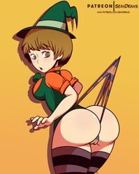 1girls ass atlus big_ass brown_eyes brown_hair female female_focus female_only green_clothing halloween halloween_costume leggings looking_back looking_down panties panty_pull persona persona_4 persona_4:_dancing_all_night pulling_panties satonaka_chie semidraws shiny_ass shiny_skin short_hair striped_legwear striped_panties stripes wedgie witch witch_costume witch_hat