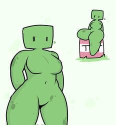 1girls arms_behind_head belly_button black_eyes creeper creeper_girl explosives featureless_breasts featureless_crotch feet_out_of_frame fluff freckles front_view grass green_body green_skin happy heart looking_at_viewer looking_down magthender medium_breasts minecraft mouthless no_feet no_mouth no_nose noseless outline simple_background sitting solo solo_female spots text tnt white_background