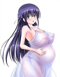 1girls bangs big_breasts blue_eyes dress female female_only hair_ribbon hand_on_belly huge_belly huge_breasts kamikawa_ritsu long_hair looking_at_viewer nipples_visible_through_clothing no_bra original panties pregnant purple_hair ready_to_pop see-through_clothing side-tie_panties solo white_panties