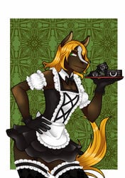 anorien_19 blonde_hair collar cuffs equine frills furry gloves green_eyes horse maid platter serving_tray skirt smiling_at_viewer stockings submissive_female tara_(mammothkane)