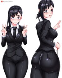 1girls ass big_ass big_breasts big_butt black_hair breasts chainsaw_man double_v eye_contact female formal formal_attire formal_clothes formal_wear girl_in_suit higashiyama_kobeni image looking_at_viewer necktie o22no peace_sign solo standing suit suit_and_tie thick_thighs thighs tie tight_clothing woman_in_suit