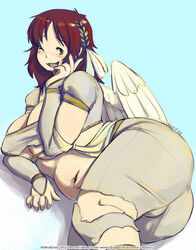 1girls angel big_ass big_breasts blush bulge cameltoe chubby chubby_female clothed clothing cute fallen_angel fat feathered_wings feathers female female_only fully_clothed ginger green_eyes humanoid laurel_crown light-skinned_female light_skin looking_at_viewer messy_hair on_side pale_skin red_hair ripped_clothing saucy_(artist) sierra_(ramzkun) solo wings wink winking_at_viewer