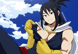 1girls beauty_mark black_hair breasts cleavage clothed cloud female female_only gloves hero_outfit_(mha) large_breasts looking_at_viewer milf mole_under_mouth muscular muscular_female my_hero_academia nana_shimura shoganight smile solo solo_female