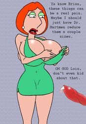 1girls alternate_breast_size bimbofied brian_griffin dog_penis english_text family_guy female_focus huge_breasts lois_griffin milf red_hair sbb text unseen_male_face