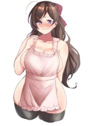 apron apron_only big_breasts black_legwear black_thighhighs blush brown_hair embarrassed female female_only frown hair_ribbon hairclip kantai_collection long_hair looking_at_viewer mamiya_(kantai_collection) naked_apron purple_eyes sideboob solo thick_thighs thighhighs wide_hips