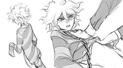 chain_leash clothed danganronpa danganronpa_ultra_despair_girls greyscale male male_focus male_only monochrome nagito_komaeda servant_(danganronpa) shirt_lift shirt_up solo_focus straight_hair surprised yndr4hope