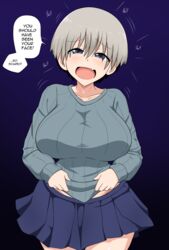 1girls big_breasts blue_eyes body_paint breasts eye_contact female grey_hair hagarza_p halloween huge_breasts large_breasts looking_at_viewer short_hair skirt speech_bubble sweater text thick_thighs thighs uzaki-chan_wa_asobitai! uzaki_hana wide_hips