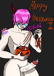 cock_vore demon demon_boy demon_horns macro male micro oc original_character penis pink_hair scars swallowing tiny vore