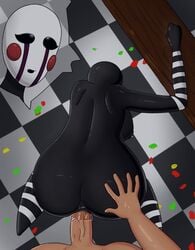 1boy 1girls anal anal_penetration anal_sex black_body classic_fnaf_2_marionette classic_fnaf_2_puppet doggy_style five_nights_at_freddy's hand_on_ass hand_on_table marionette_(fnaf) original_fnaf_2_marionette original_fnaf_2_puppet pov precum puppet_(fnaf) straight stripes tagme wet wet_pussy white_pupils