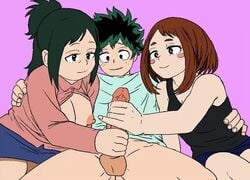 1boy 2girls animated balls blush boku_no_hero_academia breasts brown_eyes brown_hair chubby collaborative_handjob color double_handjob erect_nipples erection female green_eyes green_hair half_dressed handjob handjob_gesture happy happy_sex incest inko_midoriya izuku_midoriya long_hair looking_at_penis male mature_female milf mother mother_and_son my_hero_academia nipples ochako_uraraka penis pinky_out rosy_cheeks shoganight shorts shounen_jump sketch skirt smile testicles threesome vest