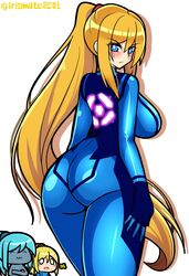 ass_focus big_ass blonde_hair blue_eyes blue_hair blue_skin blush chibi dark_samus iriomote_umineko long_hair metroid nintendo samus_aran thick_thighs thunder_thighs zero_suit zero_suit_samus