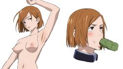 1girls accurate_art_style armpits blush breasts brown_eyes dyed_hair fellatio ginger_hair jujutsu_kaisen kugisaki_nobara nipples nude oral penis shoganight white_background