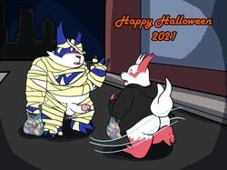 2021 anthro ass balls belly blue_body blush bunnybara candy dessert duo erection food genitals halloween halloween_costume hi_res holidays male mummy_costume nintendo overweight overweight_male penis pokémon_(species) pokemon pokemon_(species) red_body shiny_pokemon text video_games white_body zangoose