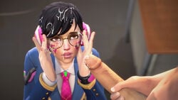 3d academy_d.va black_hair brown_eyes cum cum_on_face cum_on_glasses cum_on_hair cumshot d.va eclair_stones glasses light-skinned_female light-skinned_male overwatch tagme