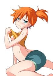 1girls arniro111 ass asymmetrical_hair bare_arms bent_over blush breasts closed_mouth creatures_(company) eyelashes female game_freak gen_1_pokemon green_eyes hair_tie highres kasumi_(pokemon) legs looking_at_viewer nintendo orange_hair pokemon pokemon_(anime) pokemon_(classic_anime) pokemon_(game) pokemon_rgby ponytail red_hair shirt shirt_lift short_hair short_shorts shorts side_ponytail simple_background solo sweat sweatdrop tank_top tied_hair white_background yellow_shirt yellow_tank_top