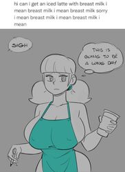 apron big_breasts breasts casual female green_apron human iced_latte_with_breast_milk inspector_gadget meme outerwear pale_skin penny_gadget samson_00 speech_bubble text twintails