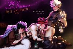 3boys alcohol ass between_legs blonde_hair blush bottle clothing eijirou_kirishima fellatio filthyfaize gay green_hair halloween_costume holding_bottle human human_only izuku_midoriya katsuki_bakugou light-skinned_male light_skin male male/male/male male_only mmm_threesome my_hero_academia on_knees oral oral_penetration oral_sex oral_train pants_down penis penis_in_mouth red_hair spiky_hair threesome thrusting thrusting_into_mouth yaoi