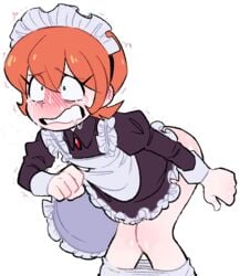 1girls ass blush dress edit female legs maid maid_uniform mob_face nervous no_pants no_underwear orange_hair pants_down peacock_(skullgirls) short_hair skirt skullgirls solo sweat sweatdrop sweating trembling