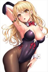 animal_ears arm_behind_head arm_strap arm_up armpits bang_dream! bangs bare_shoulders blonde_hair blush bow bowtie breasts brown_legwear chestnut_mouth cleavage collarbone commentary covered_navel cowboy_shot detached_collar eyebrows_visible_through_hair fake_animal_ears female fingernails groin hair_between_eyes hand_on_own_thigh head_tilt kirigaya_touko lambda_(kusowarota) large_breasts leotard long_hair looking_at_viewer open_mouth pantyhose playboy_bunny purple_leotard rabbit_ears red_bow red_bowtie red_ribbon ribbon side-tie_leotard sidelocks simple_background solo standing strapless strapless_leotard wavy_hair white_background wrist_cuffs yellow_eyes