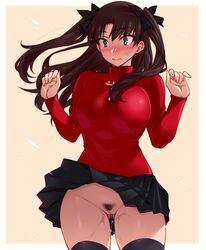 1girls black_hair black_skirt blush breasts clothing cross_print curvaceous curves dripping_pussy fate/stay_night fate_(series) female female_pubic_hair high_resolution long_hair long_sleeves medium_breasts namidame nopan pubic_hair red_sweater skirt skirt_lift solo standing sweater thighhighs tohsaka_rin vaginal_juice_drip vaginal_juices wind_lift windy_skirt