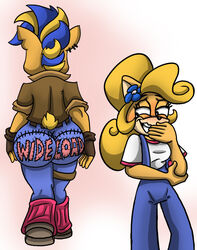 2girls anthro big_ass blush bubble_butt coco_bandicoot crash_(series) female fur furry furry_only laugh pirate_tawna shinragod suggestive tawna_bandicoot tawna_bandicoot_(crash_4) text wide_hips yuri