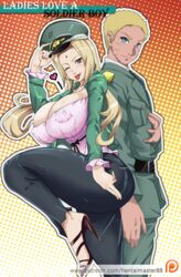 1boy 1girls age_difference alternate_costume big_breasts blazer blouse blush breasts cleavage costume cover erect_nipples erect_nipples_under_clothes gilf hat headwear heels hentaimaster88 huge_breasts jacket large_breasts leg_up lipstick looking_at_viewer makeup mature mature_female milf naruto naruto:_the_last naruto_(series) naruto_shippuden necklace nipples no_bra older_female one_eye_closed pants puffy_nipples raised_leg smile soldier standing sticking_out_tongue tongue tongue_out tsunade uniform uzumaki_naruto visible_nipples voluptuous younger_male