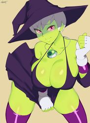 alien alien_girl cheelai cleavage dragon_ball dragon_ball_super female female_focus female_only fingerless_gloves green_skin halloween halloween_costume huge_breasts looking_at_viewer nezulet short_hair very_short_hair witch_costume witch_hat