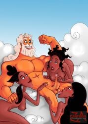 1boy 3girls cartoonza.com clio_(hercules) dark-skinned_female dark_skin disney female god goddess hercules_(disney) human human_only interracial light-skinned_male light_skin male melpomene_(hercules) nude nude_female nude_male penis straight terpsichore_(hercules) the_muses zeus zeus_(hercules)