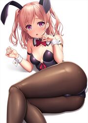 animal_ears arm_strap armpit_crease ass bang_dream! bangs bare_shoulders black_leotard bow bowtie breasts brown_legwear chestnut_mouth commentary detached_collar eyebrows_visible_through_hair fake_animal_ears fake_tail feet_out_of_frame female hairbow hands_up hiromachi_nanami lambda_(kusowarota) leotard light_blush light_brown_hair long_hair looking_at_viewer lying medium_breasts on_side pantyhose parted_lips pink_eyes playboy_bunny rabbit_ears rabbit_tail red_bow red_bowtie shadow simple_background solo strapless strapless_leotard tail two_side_up white_background wrist_cuffs