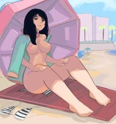 1girls barefoot beach big_breasts black_hair brickshoes corey_(hotline_miami_2) curvy feet female female_only hotline_miami hotline_miami_2 long_hair looking_down naked pointy_nose sand sitting sitting_on_floor thick_thighs umbrella