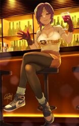 1girls alternate_costume bangs bar bar_stool black_pantyhose bottle breasts brown_eyes cleavage cocktail_glass collarbone commentary_request crossed_legs cup drinking_glass female female_only fire_emblem fire_emblem_heroes gloves highres holding holding_cup hooters kiran_(fire_emblem) kiran_(fire_emblem)_(female) large_breasts looking_at_viewer men'youjan menyoujan nintendo orange_shorts pantyhose purple_gloves purple_hair shirt shoes short_hair short_sleeves shorts signature sitting sneakers socks solo stool white_shirt white_socks