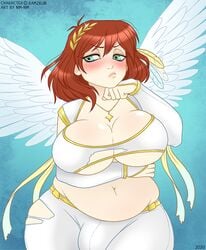 1futa angel angelic belly big_breasts breasts bulge chubby cleavage clothed clothing cute embarrassed fat feathers fully_clothed futa_only futanari green_eyes holy humanoid image intersex laurel_crown laurel_wreath light-skinned_futanari light_skin looking_away nim-nim pale_skin pout red_hair sierra_(ramzkun) solo standing tagme thick_thighs torn_clothes wide_hips