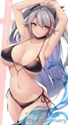 1girls 2021 absurdres ahoge anniversary armpits arms_up azur_lane bangs bikini black_bikini black_choker black_ribbon blush breasts character_name choker closed_mouth copyright_name cowboy_shot cross cross_earrings earrings female female female_focus female_only hair_between_eyes hair_ribbon highres jewelry large_breasts long_hair mole mole_on_breast multicolored_hair navel official_alternate_costume oserotto prinz_eugen_(azur_lane) prinz_eugen_(unfading_smile)_(azur_lane) red_hair ribbon side-tie_bikini silver_hair smile solo solo_female strap_gap streaked_hair swimsuit twintails two_side_up very_long_hair water water_drop yellow_eyes