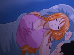 big_breasts breasts cleavage closed_eyes female feminine_(artist) kozuki_momonosuke long_hair male manga nami nipples_visible_through_clothing one_piece orange_hair sleeping tattoo