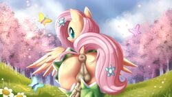 2016 absurd_res ambient_arthropod ambient_butterfly ambient_insect anatomically_correct animal_genitalia anus arthropod aryanne ass balls blue_eyes blush butterfly clothing equid equine feathered_wings feathers feral flower fluttershy_(mlp) friendship_is_magic ftg_crossgender fti_crossgender genitals gynomorph hair hasbro hi_res insects intersex lepidopteran long_hair looking_at_viewer looking_back mammal my_little_pony nude pegasus pink_hair plant rule_63 solo widescreen wings yellow_body yellow_feathers