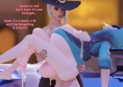 2futas 3d after_sex ashe_(overwatch) carrying chainsmoker cum cum_inflation cum_inside cumflation elizabeth_caledonia_ashe english_text excessive_cum futa_only futanari graffiti_tracer inflation lena_oxton overwatch overwatch_2 text tracer