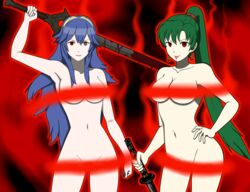 2girls alternate_eye_color blood blood_on_face blood_on_weapon breasts completely_nude corruption earrings falchion_(fire_emblem) female female_only fire_emblem fire_emblem:_the_blazing_blade fire_emblem_awakening green_hair large_breasts long_hair lucina_(fire_emblem) lyn_(fire_emblem) lyndis_(fire_emblem) mind_control multiple_girls nintendo nude nude_female ponytail red_eyes sendy1992 smile sword symbol-shaped_pupils very_long_hair weapon