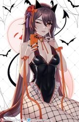 1girls brown_hair demon demon_girl demon_horns demon_tail fishnets genshin_impact helloimtea horns hu_tao_(genshin_impact) mirror_selfie phone red_eyes selfie succubus tail thick_thighs thighs twintails wink