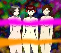 3girls atlus black_hair breasts brown_eyes brown_hair female female_only female_protagonist_(persona_3) kasumi_yoshizawa kotone_shiomi marie_(persona_4) megami_tensei multiple_girls naked nude nude_female persona persona_3 persona_3_portable persona_4 persona_4_the_golden persona_5 persona_5_royal red_hair sendy1992 sumire_yoshizawa white_skin