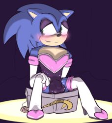 alternate_costume anthro balls_outline blush blush_lines bulge cellcone clothed clothing clothing_swap crossdressing digital_media_(artwork) eulipotyphlan femboy genital_outline genitals hedgehog hi_res male mammal penis_outline sega sitting solo sonic_(series) sonic_the_hedgehog video_games