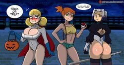 3girls aged_up alternate_breast_size ass ben_10 blush breasts candy_pail cartoon_network cleavage cosplay crossover crossover_cosplay dat_ass dc_comics denim_shorts dic_entertainment english_text female female_only female_with_female freckles gwen_tennyson halloween halloween_costume huge_ass huge_breasts human inspector_gadget jackie_chan_adventures jade_chan kasumi_(pokemon) kasumi_(pokemon)_(cosplay) looking_at_viewer misty_(pokemon) misty_(pokemon)_(cosplay) multiple_girls nier:_automata nier_(series) nintendo panties patreon penny_gadget pokeball pokemon power_girl power_girl_(cosplay) public samson_00 small_breasts sony speech_bubble sword tank_top text two_tone_hair wide_hips yorha_2b_(cosplay)