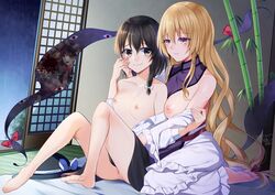 2girls areolae bamboo bangs barefoot black_capelet black_skirt blush breasts capelet collarbone dress fedora female furrowed_brow futon gap gap_(touhou) hair_between_eyes hair_ribbon hand_on_another's_face hat headwear_removed implied_fingering kaede_(mmkeyy) large_areolae layered_dress long_hair long_sleeves maribel_hearn medium_breasts mob_cap multiple_girls puffy_nipples purple_eyes pussy rain red_ribbon renko_usami ribbon shirt shouji sidelocks signature sitting skirt sliding_doors small_breasts smile tabard touhou tress_ribbon wariza white_shirt yukari_yakumo yuri