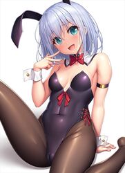 :d animal_ears aqua_eyes arm_behind_back arm_strap arm_support bang_dream! bangs bare_shoulders blush bow bowtie breasts brown_legwear cameltoe collarbone commentary covered_navel detached_collar eyebrows_visible_through_hair fake_animal_ears female hair_between_eyes hand_up head_tilt knee_up kurata_mashiro lambda_(kusowarota) leotard medium_breasts medium_hair no_shoes open_mouth pantyhose playboy_bunny purple_leotard rabbit_ears red_bow red_bowtie red_ribbon ribbon shadow side-tie_leotard silver_hair simple_background sitting smile solo strapless strapless_leotard v white_background wrist_cuffs