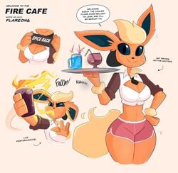 1girls anthro ass breasts cleavage clothed clothing eeveelution english_text female female_focus female_only female_solo flareon humanoid kilinah lena_(kilinah) nintendo partially_clothed performance pokémon_(species) pokemon solo_female speech_bubble standing text thick_thighs tomboy waitress wide_hips