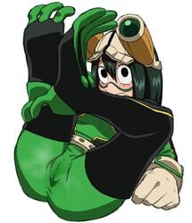 1girls accurate_art_style ass black_eyes bodysuit cameltoe clothed feet female female_only fully_clothed green_hair hero_outfit_(mha) my_hero_academia presenting_pussy shoganight solo solo_female tsuyu_asui white_background